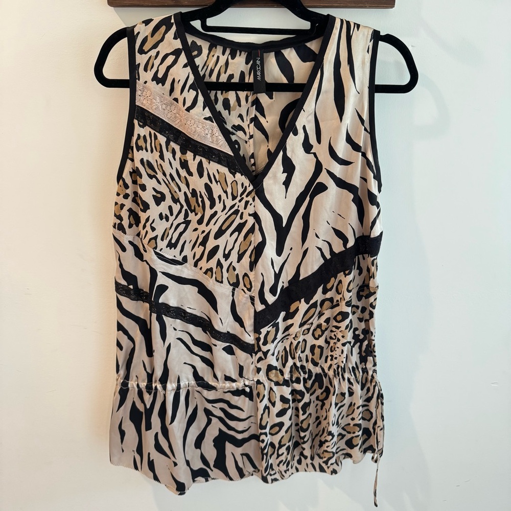 Marc Cain Silk Mixed Animal Print Lace Trimmed Sleeveless Tunic Top Large